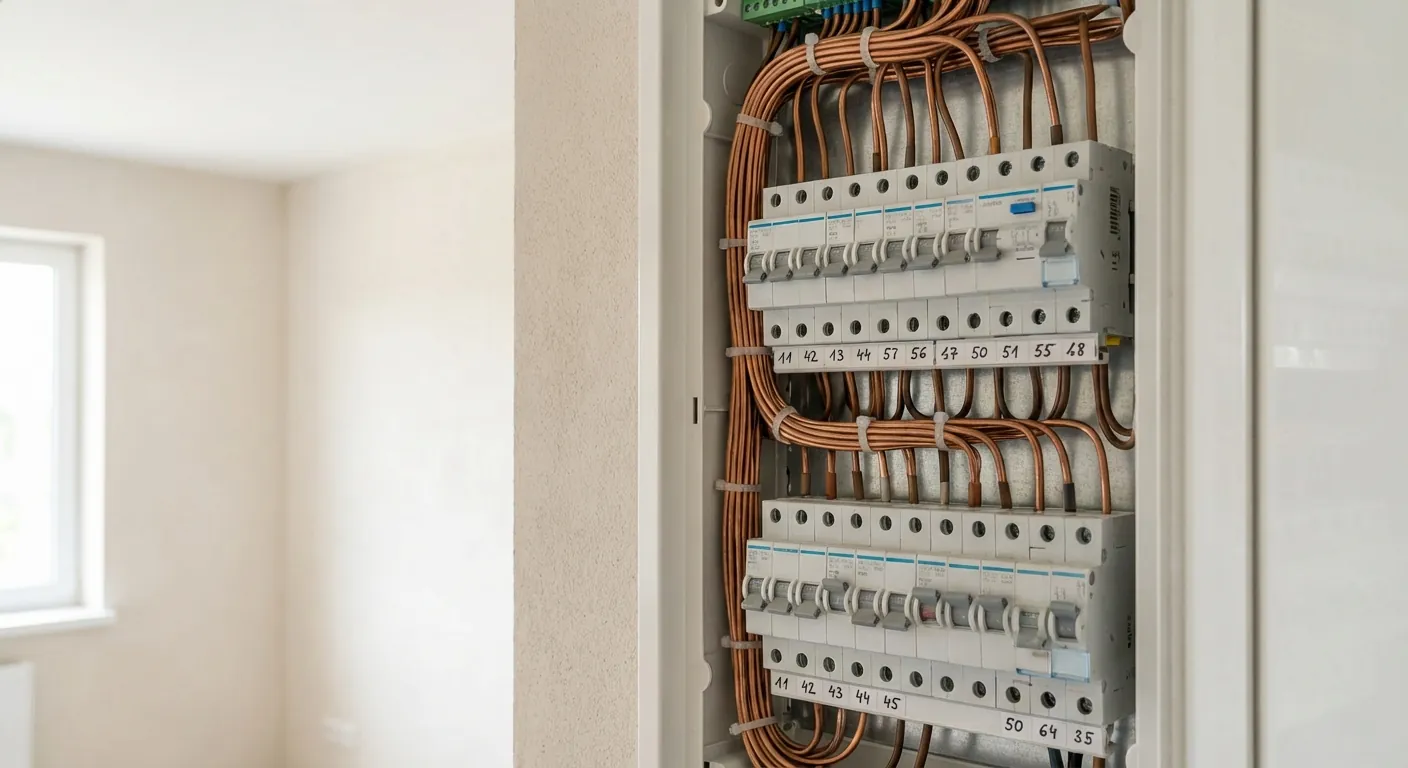 Eit ryddig og moderne sikringsskap med nye automatsikringar i kvitt og grått