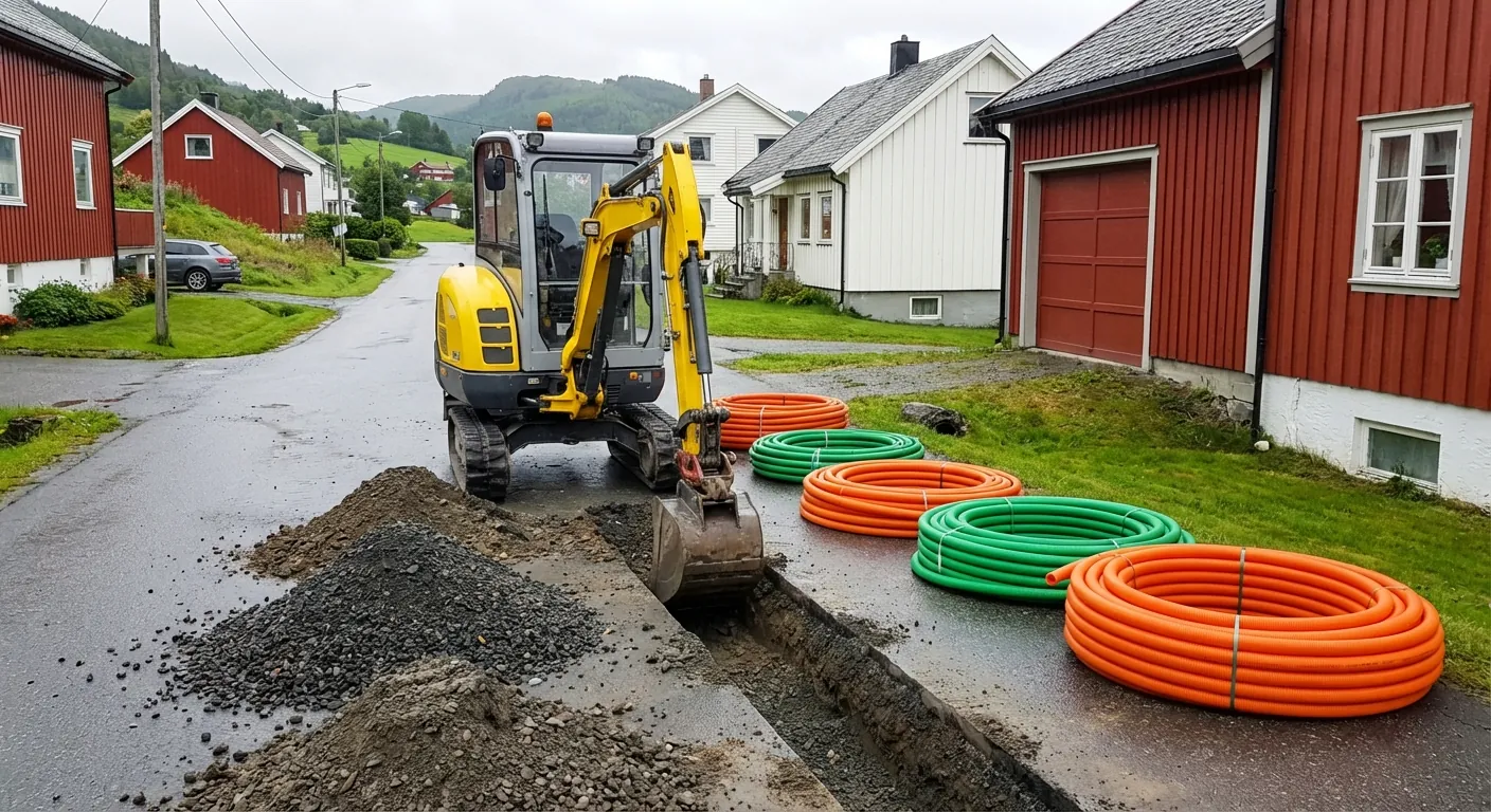 A small excavator digging a narrow, clean trench along a residential street for fiber ducts