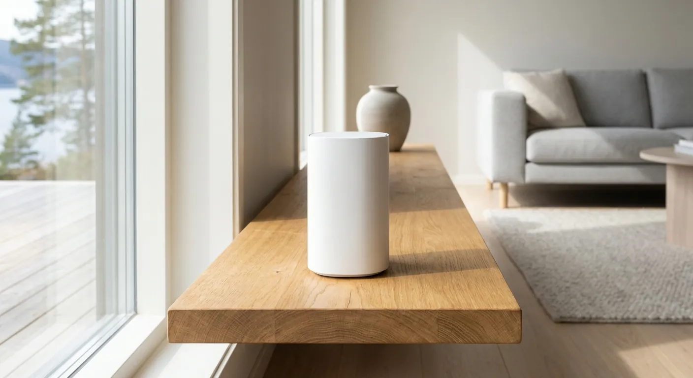 A modern white mesh router sitting on a wooden shelf in a tidy living room