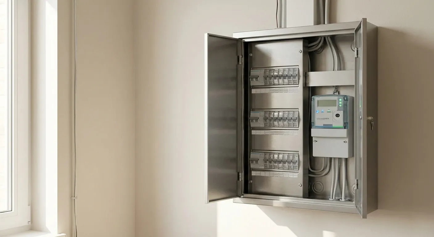 Ein moderne og ryddig sikringsskap med smartmålar og tydeleg merka kursar