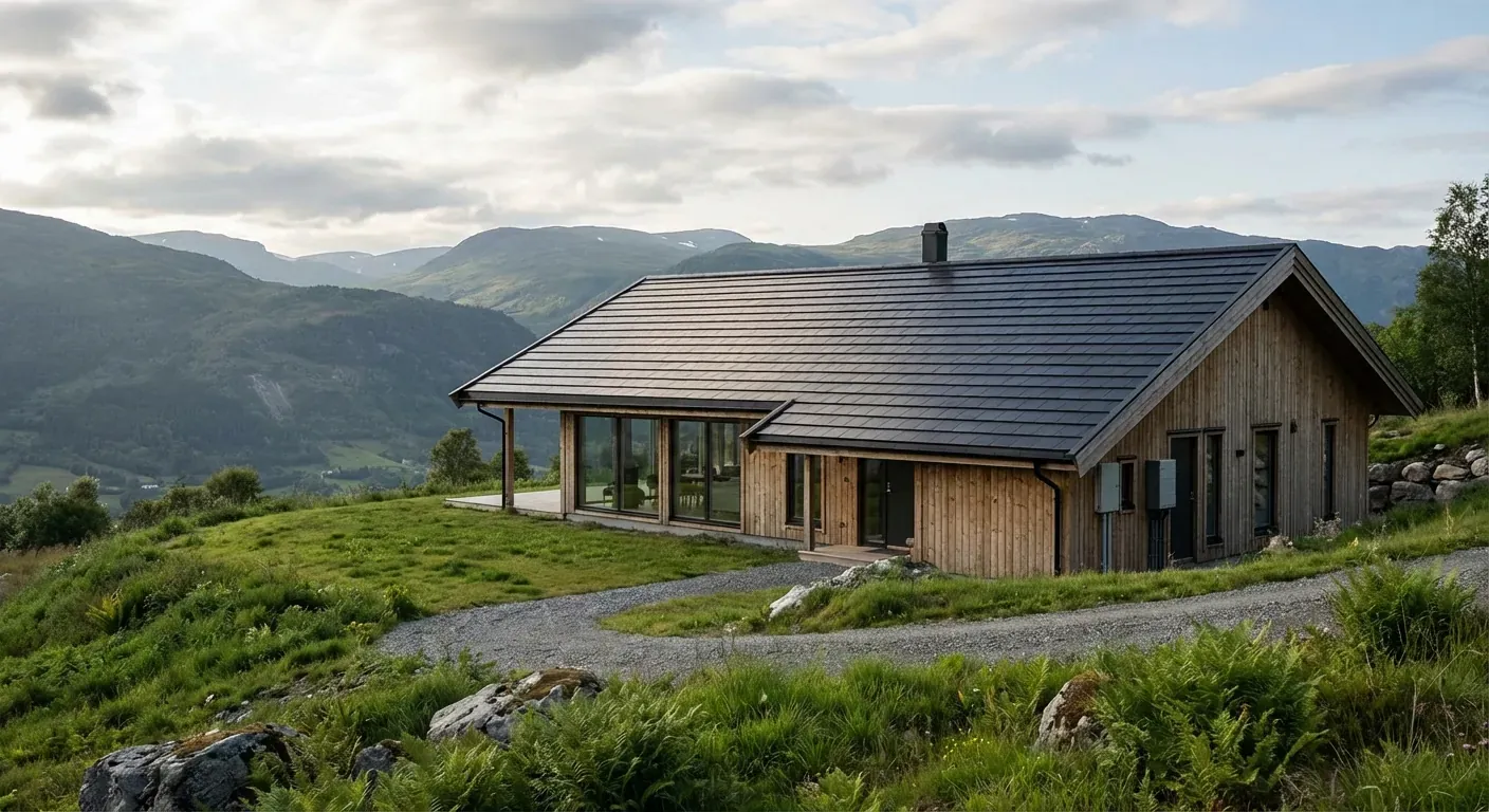 A clean, modern house on a hillside in Voss with solar panels integrated into the dark roof tiles.