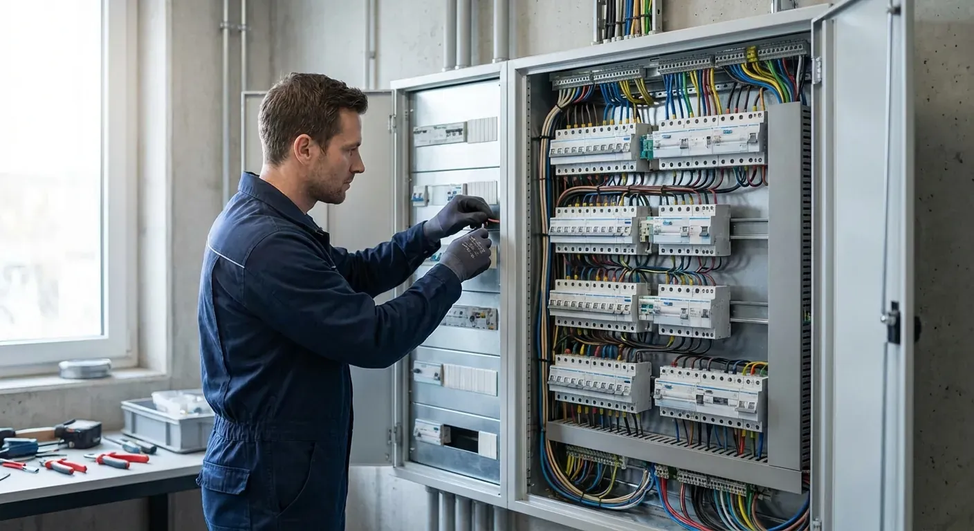 A professional electrician in work clothes standing in front of an open, modern electrical panel with neatly organized wires and circuit breakers