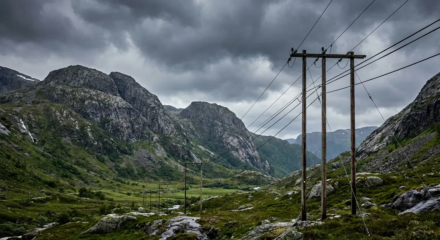 Eit dramatisk landskapsbilete av fjell på Voss under ein mørk toresky-himmel