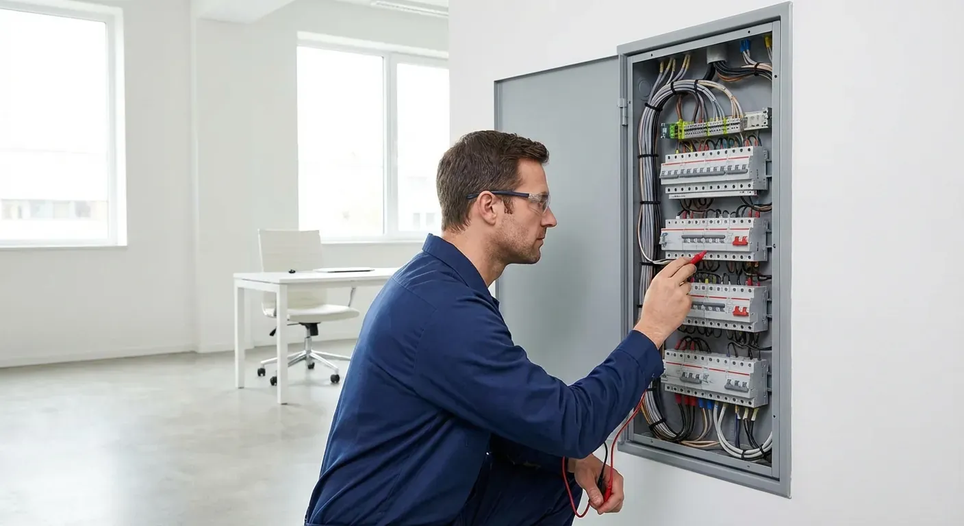Ein autorisert elektrikar som undersøkjer eit ryddig sikringsskap i eit moderne kontorbygg