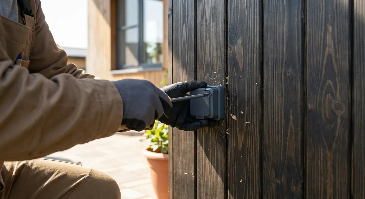 Ein profesjonell elektrikar i arbeidsklede som monterer ein utendørs stikkontakt på ein trevegg i dagslys