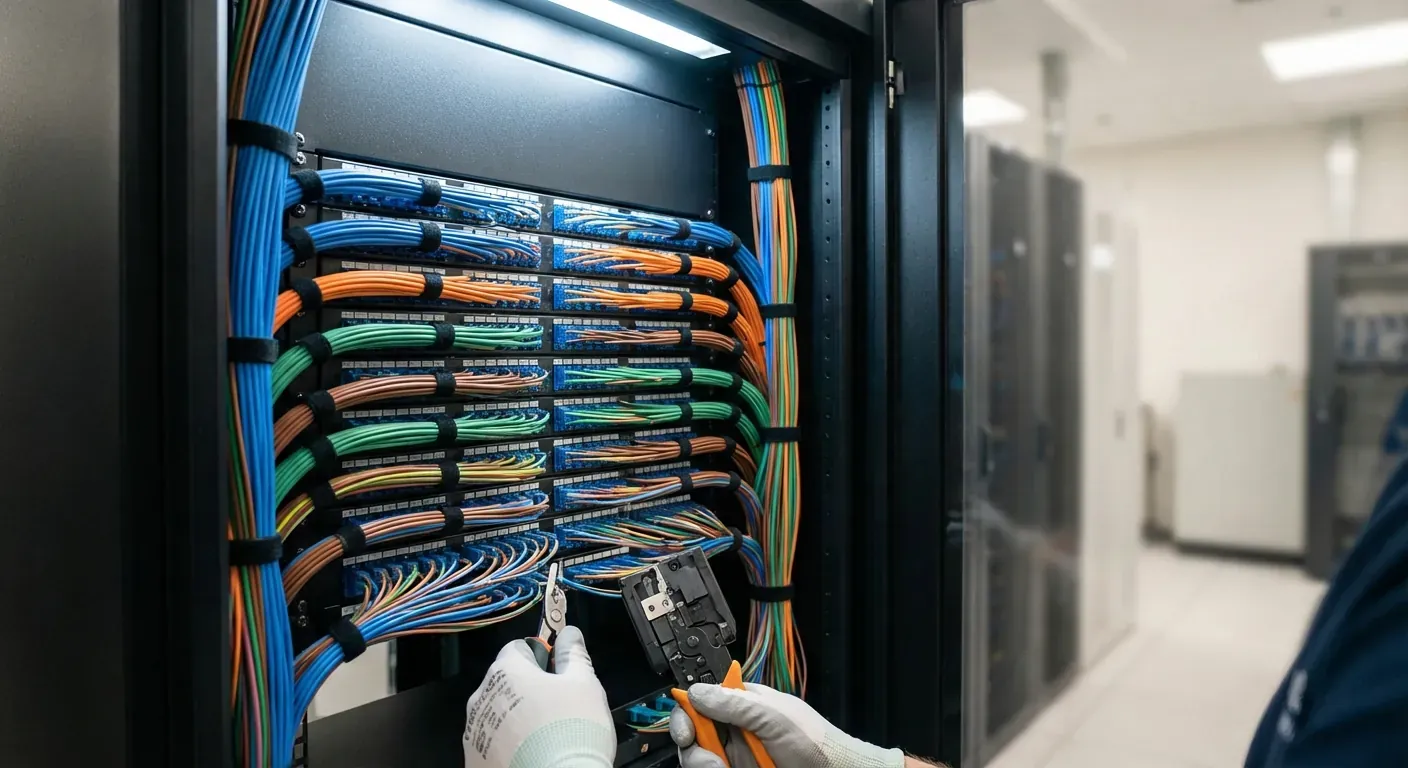 Ein teknikar som arbeider med nøyaktig terminering av fiberkablar i eit ryddig serverkabinett