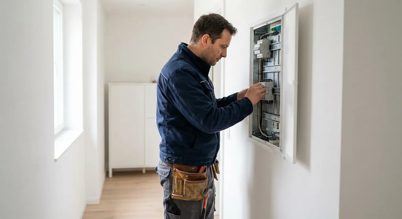 En profesjonell elektriker med verktøybelte som inspiserer et moderne sikringsskap i en lys gang
