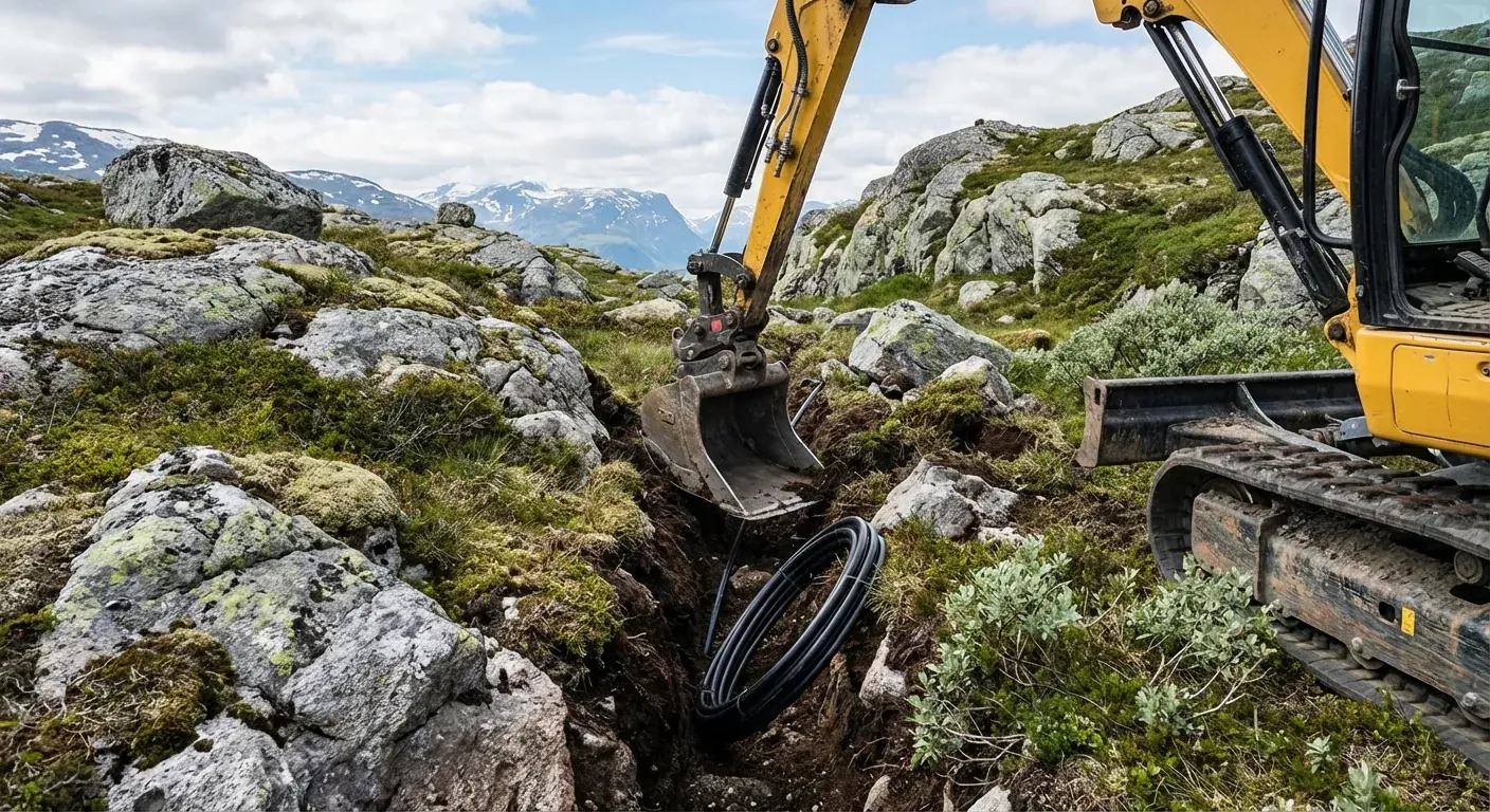 A yellow excavator carefully digging a narrow trench for fiber cables in a rocky mountain landscape