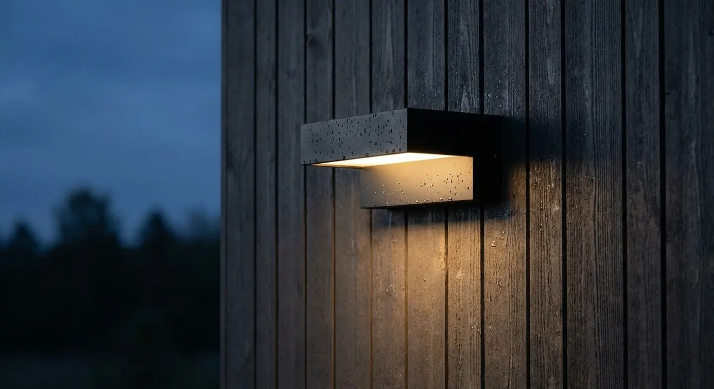 A close-up of a high-quality outdoor LED lamp with water droplets on the surface, mounted on a dark wooden wall