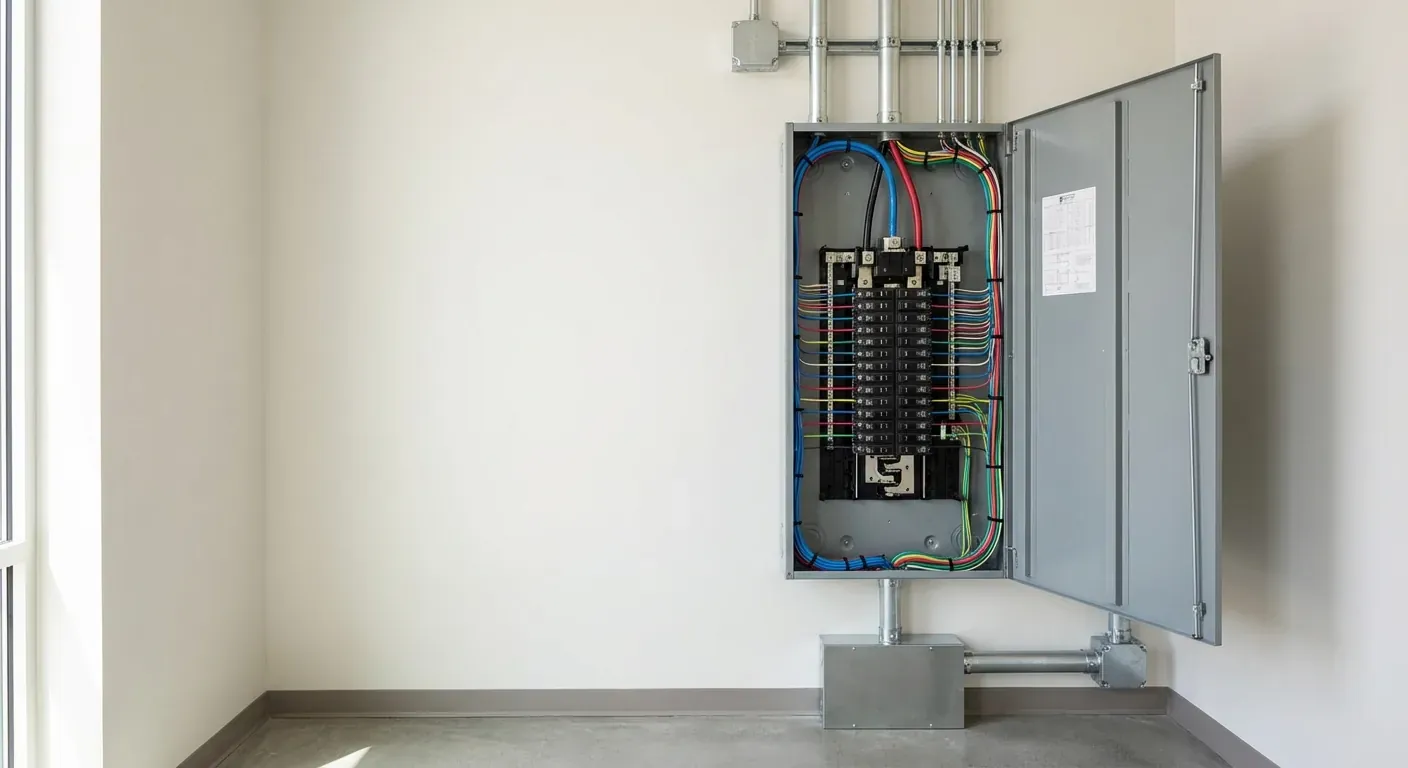 A modern electrical panel with neatly organized circuit breakers in a clean utility room