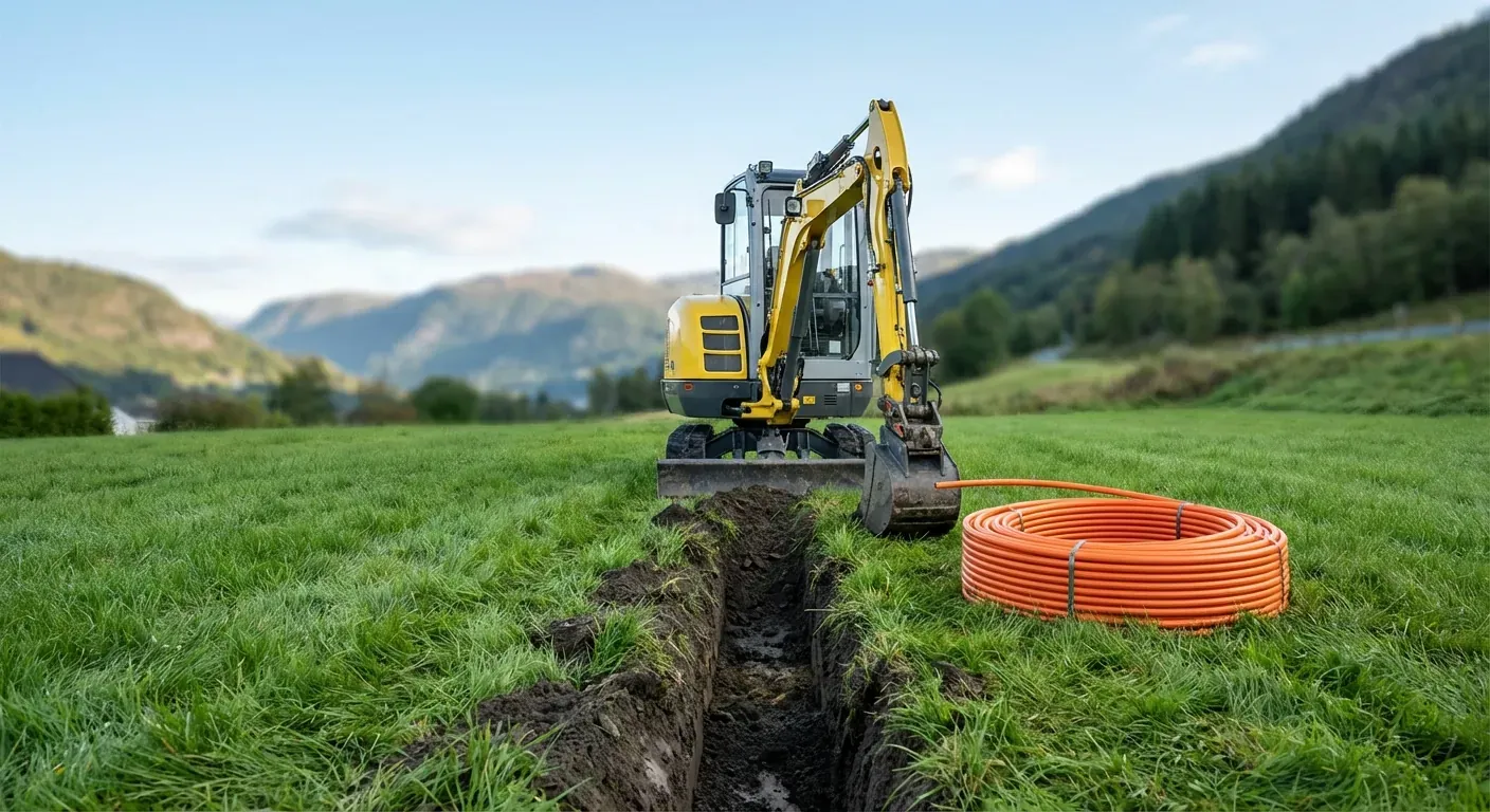 Professional excavation equipment carefully digging a narrow trench for fiber cables in a residential green area on Voss