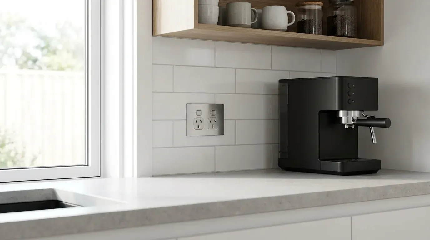 A clean, modern kitchen bench with integrated double sockets and a coffee machine