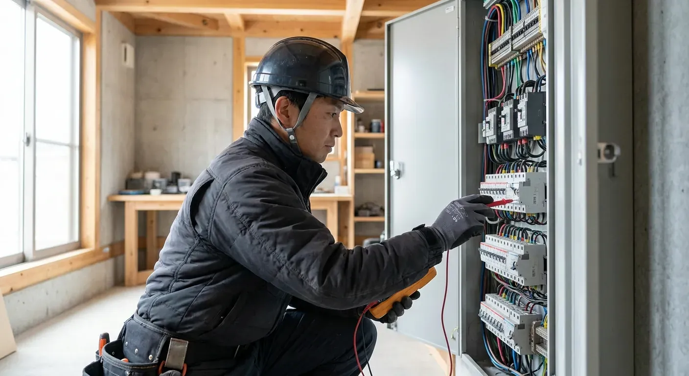Ein elektrikar med verneutstyr som undersøkjer eit sikringsskap i ein moderne driftsbygning