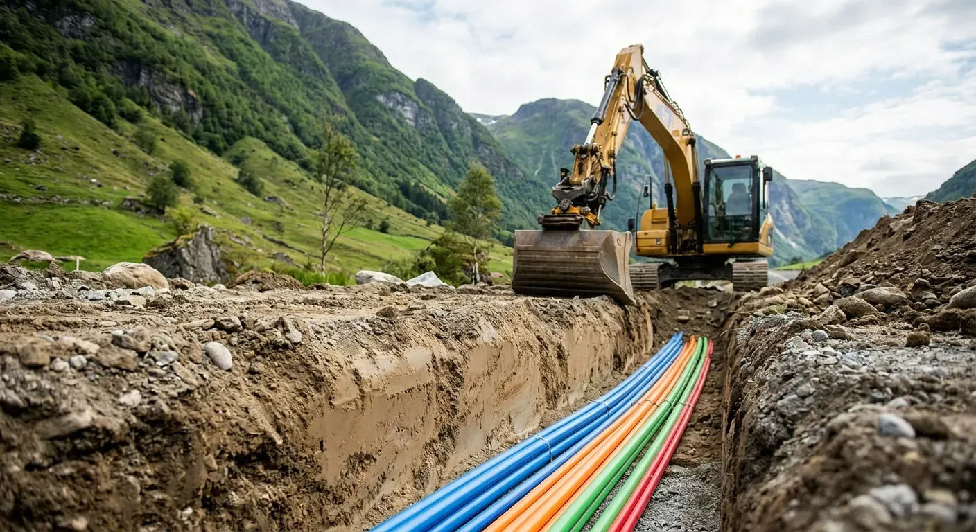 Ein gravemaskin i arbeid i ei open grøft der fleire fargerike røyr vert lagde side om side i eit vakkert vestlandsk landskap.