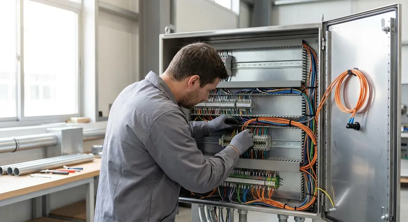 An experienced electrician working on a complex control panel in a modern industrial facility
