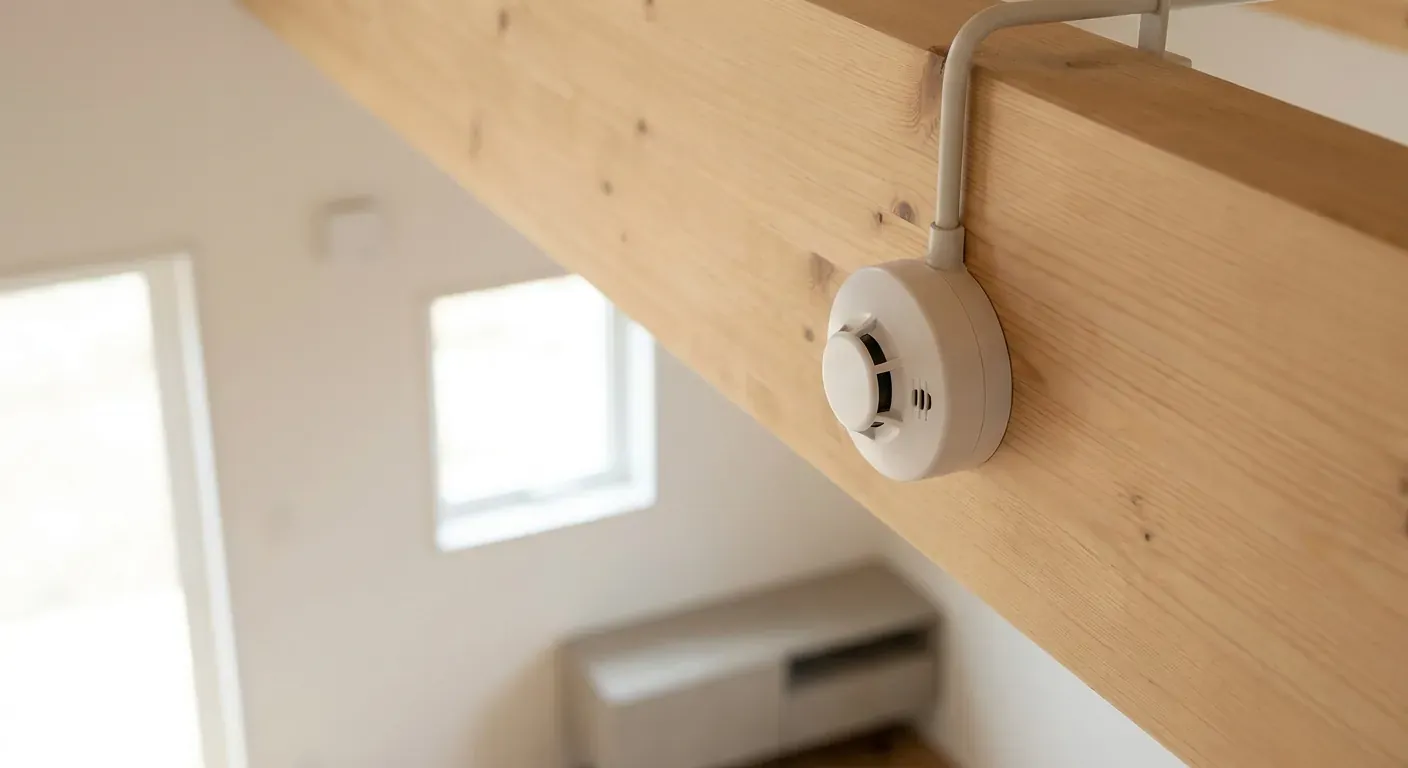 A close-up of a high-quality optical smoke detector mounted on a wooden ceiling beam