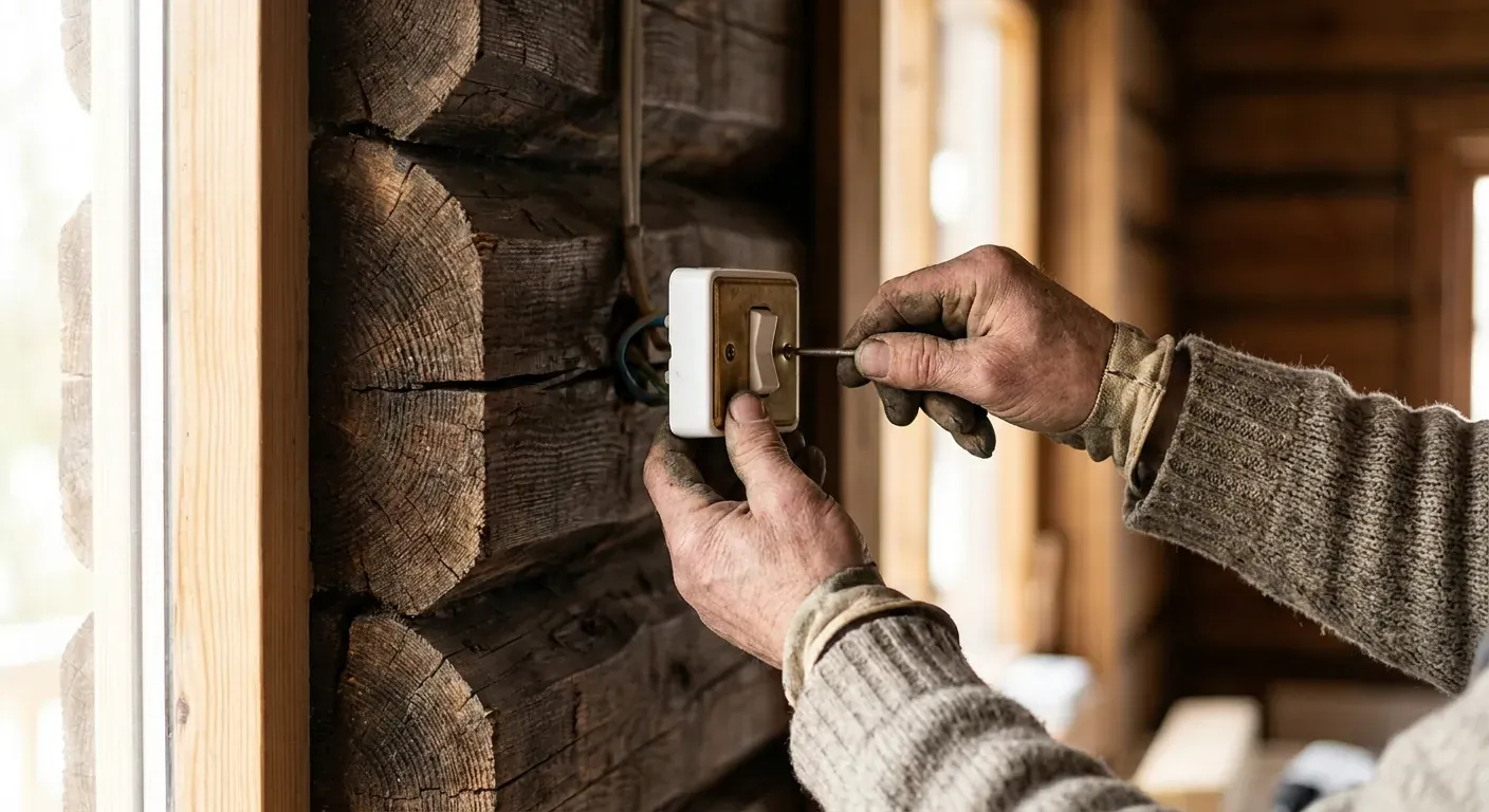 Ein elektrikar som forsiktig monterer ein klassisk lysbrytar på ein gammal tømmervegg