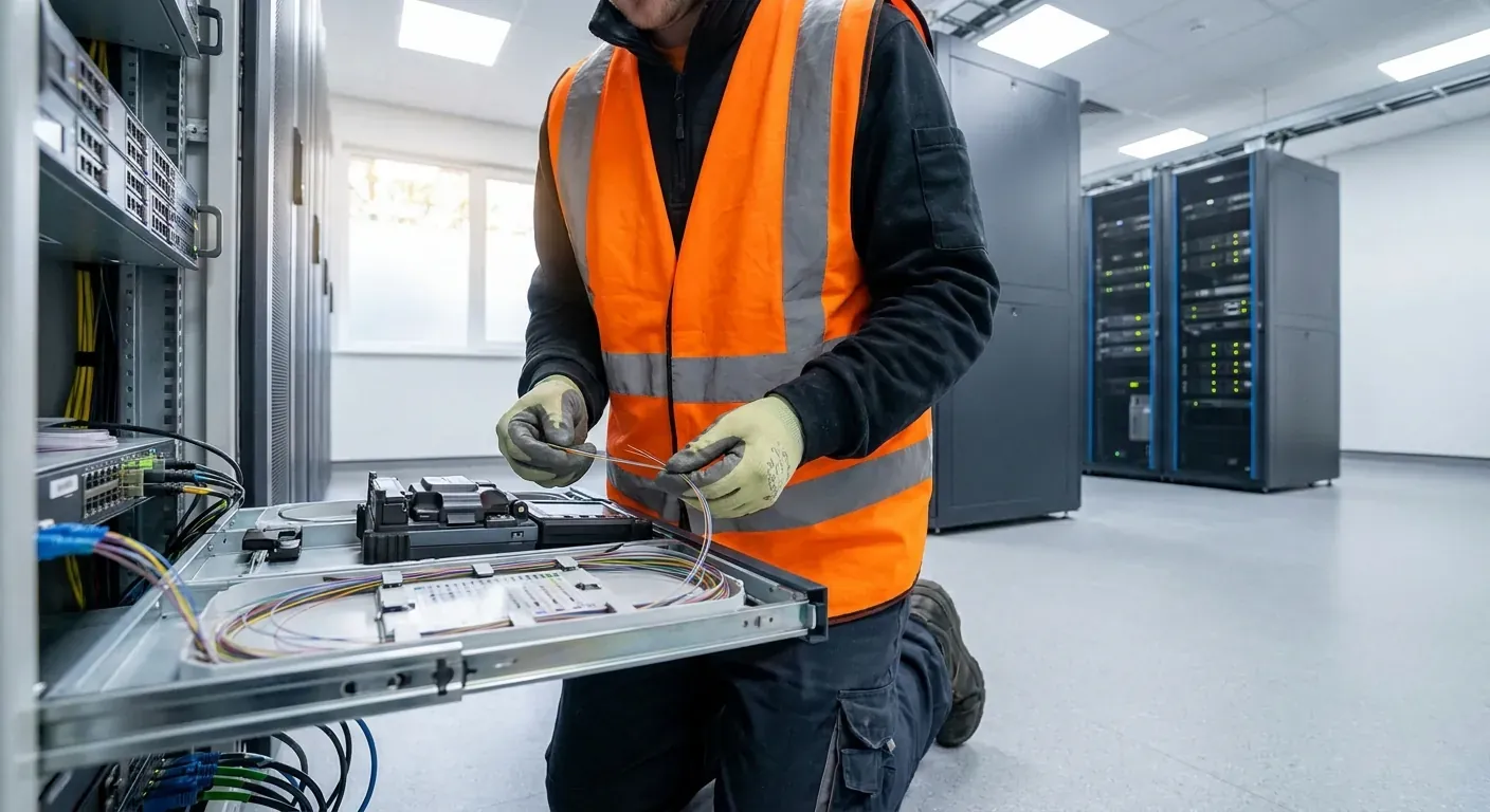 A professional technician in a high-visibility vest working on a fiber optic distribution box inside a clean server room