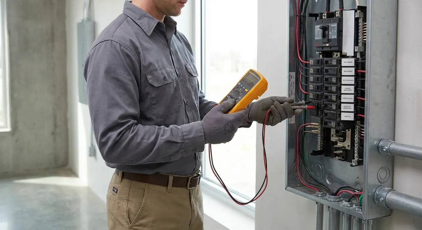 A professional electrician in work clothes testing an electrical panel with a multimeter.