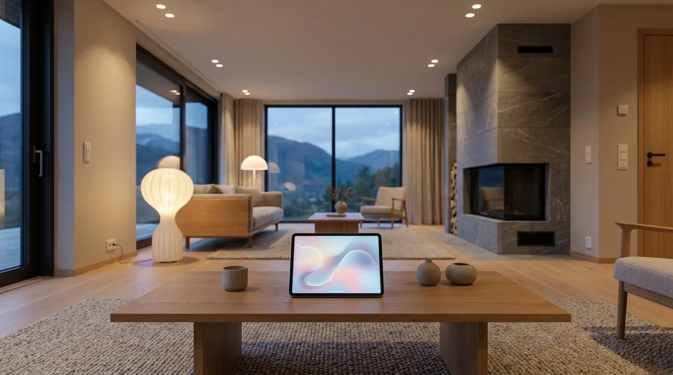 Ein moderne stue med dempa belysning og eit nettbrett som viser oversikt over straumforbruket