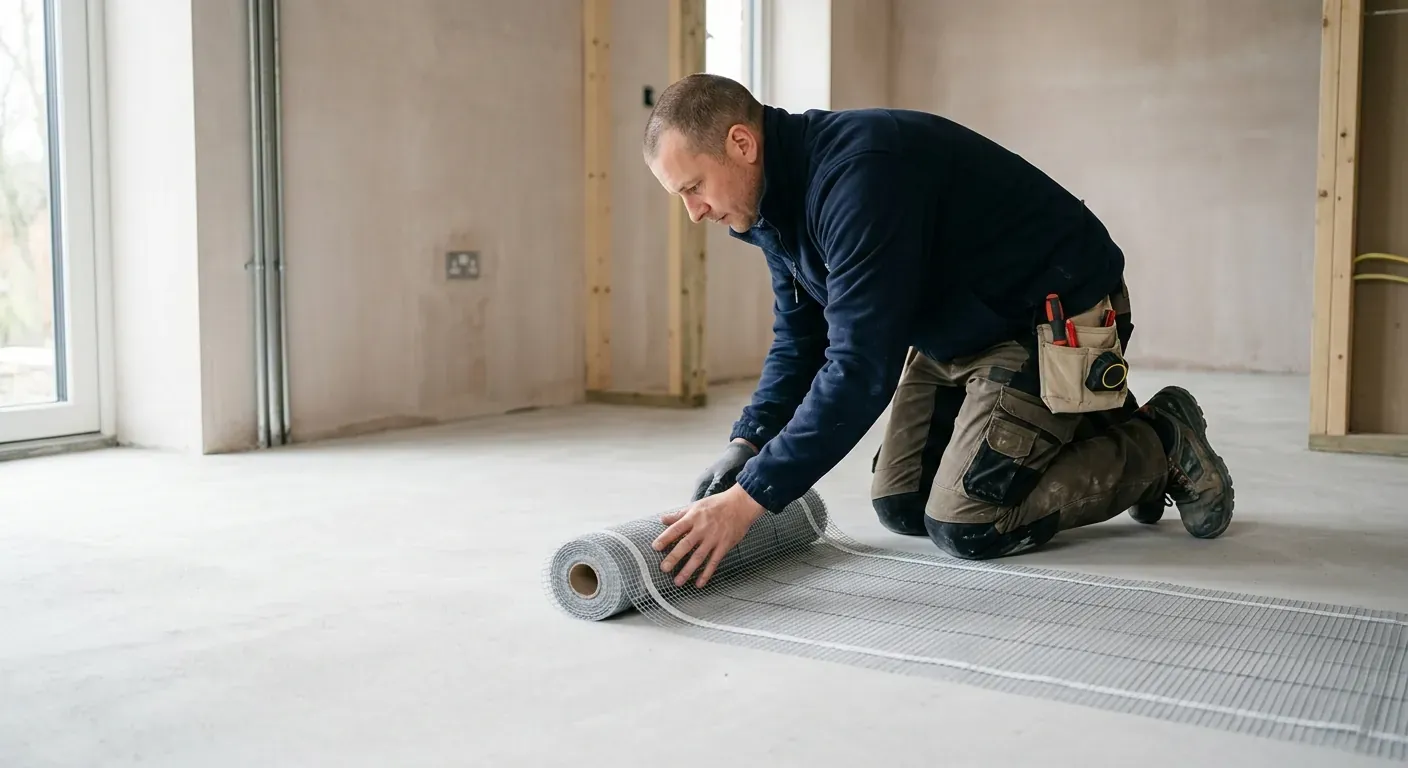 Ein erfaren elektrikar som rullar ut ei tynn, lysegrå varmematte på eit reint betonggolv før flislegging