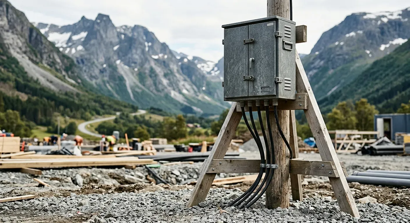 Et robust, grått byggestrømskap montert på et trestativ utendørs på en byggeplass med gruslagt mark og fjell i bakgrunnen