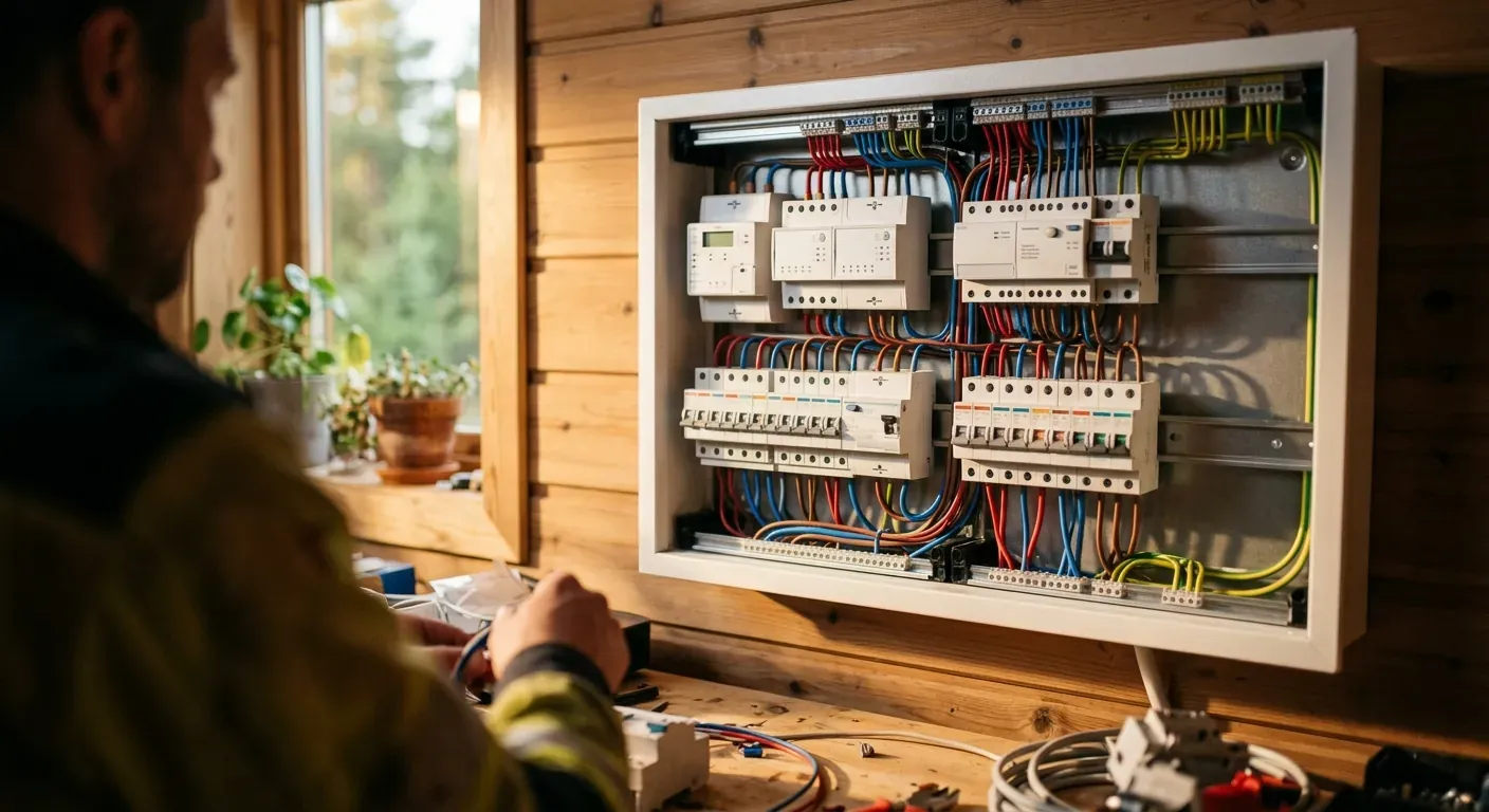 En moderne og ryddig elektrisk installasjon i et sikringsskap, med pent opplagte kabler og smarte styringsenheter montert på DIN-skinne