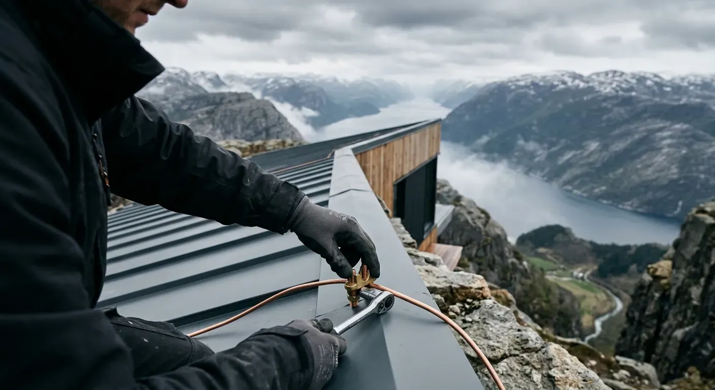 A modern house on a high ridge, showing a discreetly mounted lightning rod running along the roofline against a dramatic, overcast sky