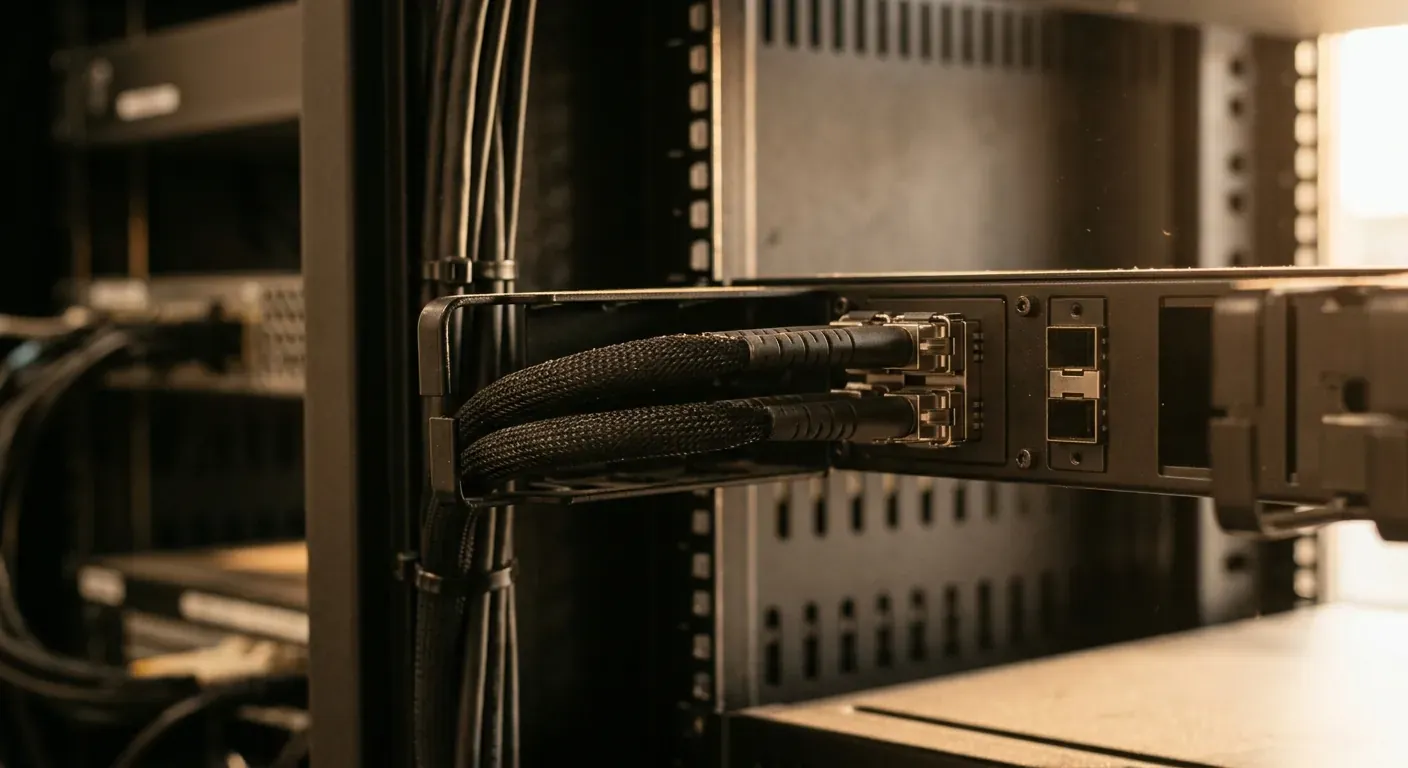 Eit ryddig og moderne serverrom der to separate fiberkablar, tydeleg merka, er kopla inn i kvar si uavhengige ruter i eit reolstativ.