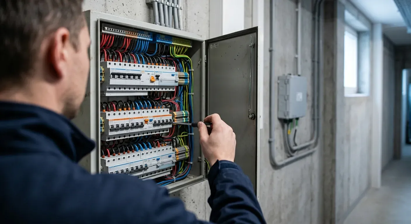 En profesjonell elektriker som installerer moderne jordfeilautomater i en stor hovedtavle i et fellesareal