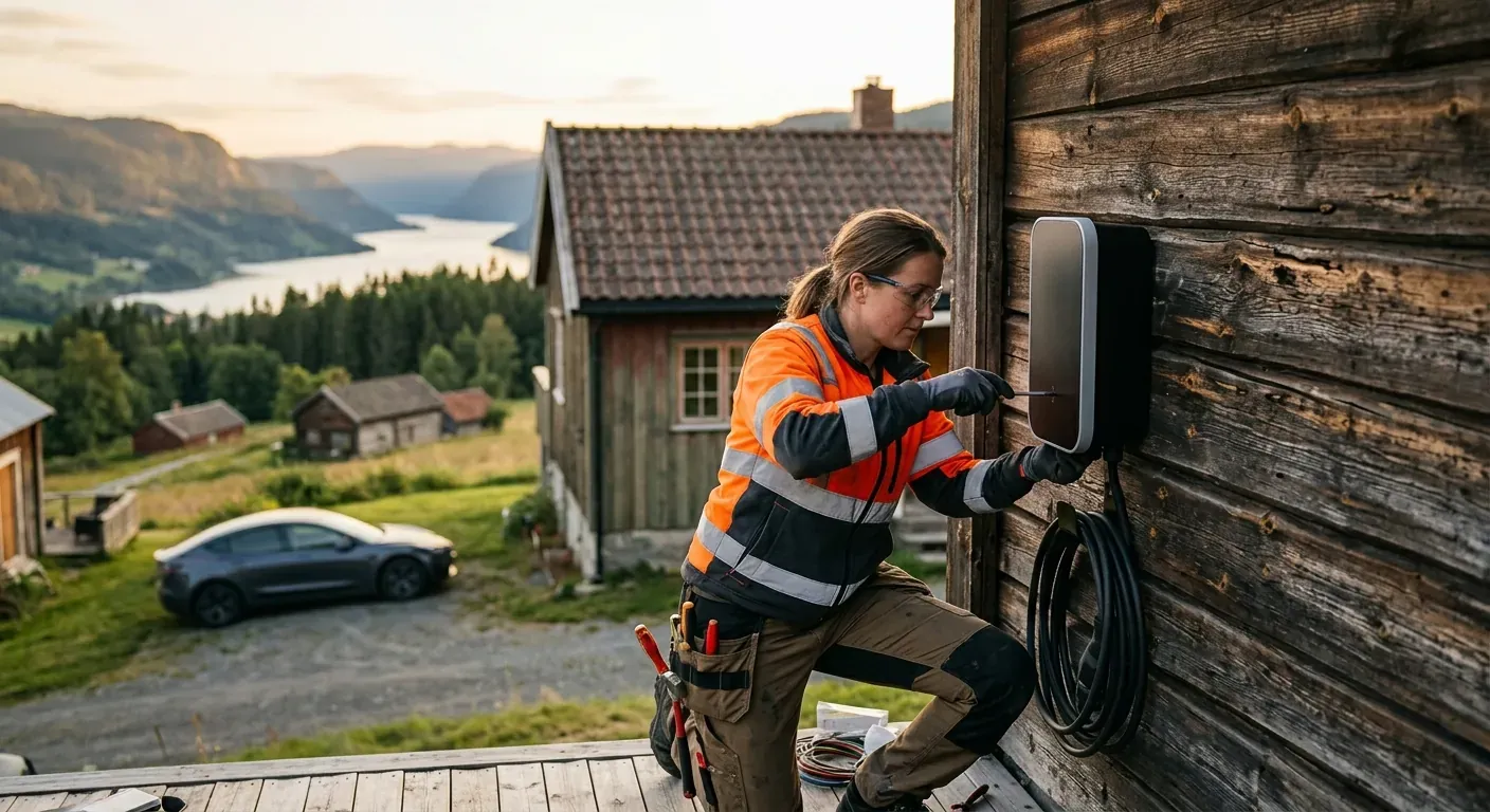 En profesjonell elektriker i verneutstyr som monterer en moderne ladeboks på en trevegg utendørs