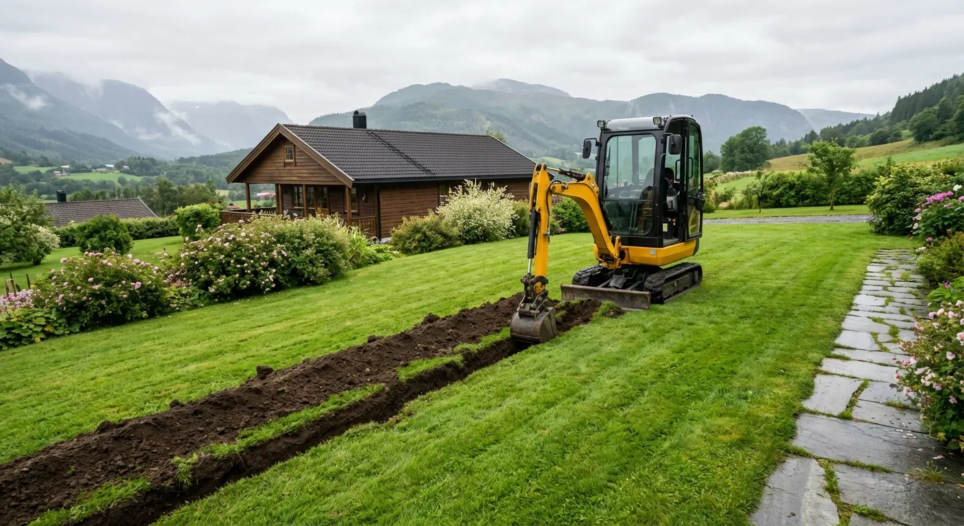 Ein ryddig hage med ei markert stripe i plen der ein gravemaskin har starta arbeidet på ein profesjonell måte