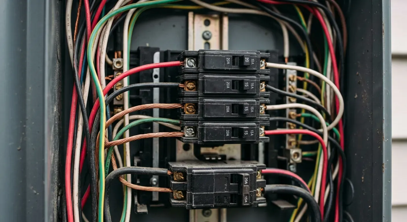 Ein profesjonell elektrikar som gjer termofotografering av eit ope sikringsskap i eit teknisk rom
