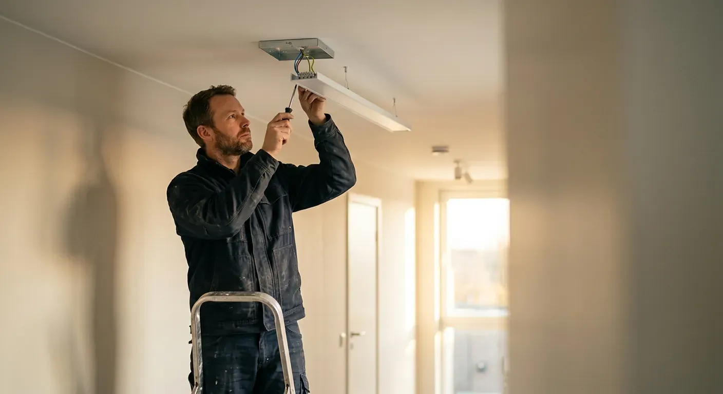 Ein profesjonell elektrikar i arbeidsklede som monterer ein moderne, stilren LED-armatur i ein lys korridor