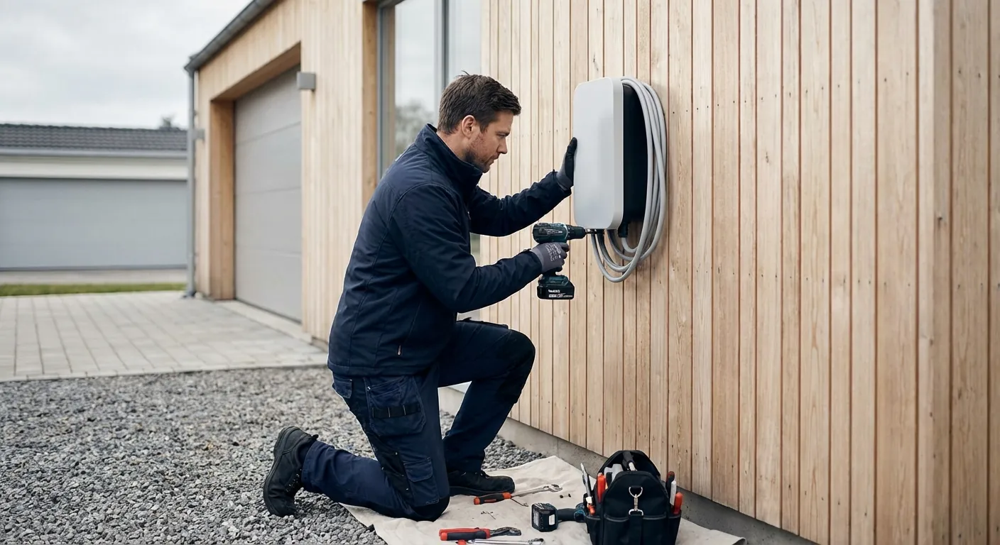 En profesjonell elektriker i arbeidsklær som monterer en moderne hvit ladeboks på en trevegg utendørs