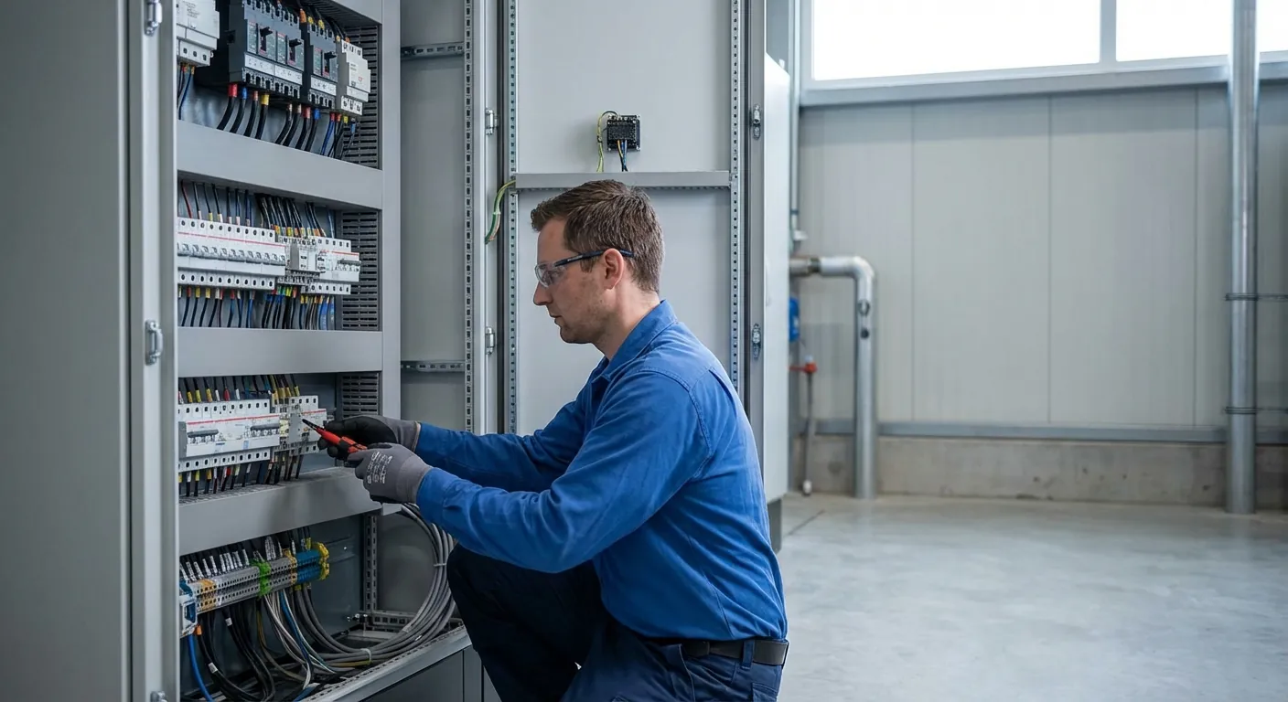 Ein profesjonell elektrikar i arbeid med å montere komponentar i eit stort sikringsskap for eit industribygg