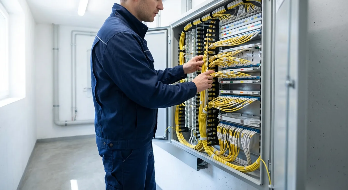 Ein profesjonell teknikar som undersøkjer eit ryddig sikringsskap med fiberinstallasjon