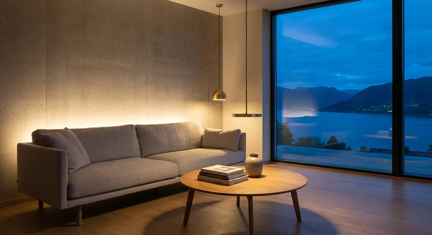 A cozy modern living room at dusk with warm indirect LED lighting behind a sofa and a single pendant light over a coffee table