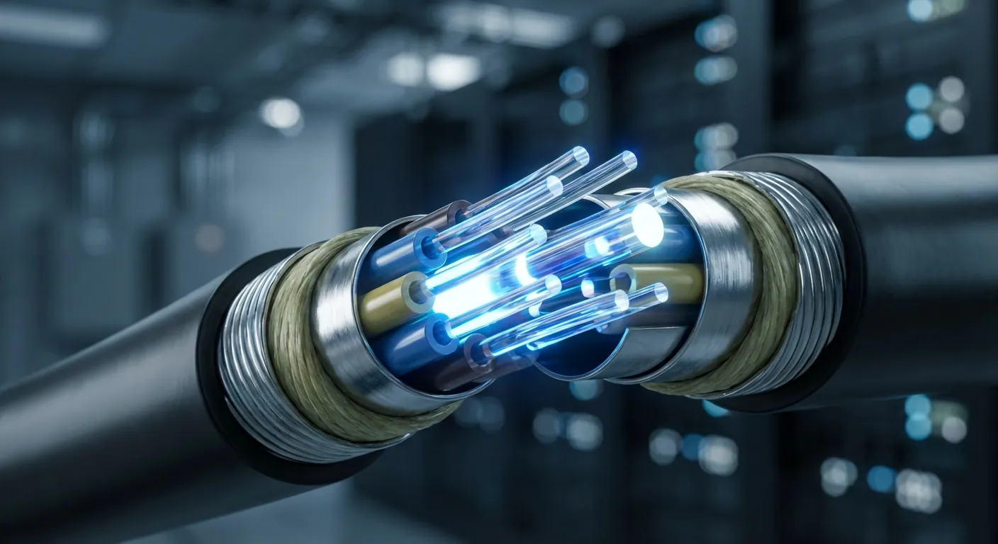 Ein illustrasjon som viser tverrsnittet av ein fiberkabel med lysstrålar som reflekterast inni glasstrådane