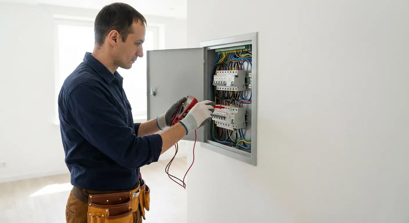 Ein elektrikar med verktøybelte som utfører målingar i eit opna sikringsskap