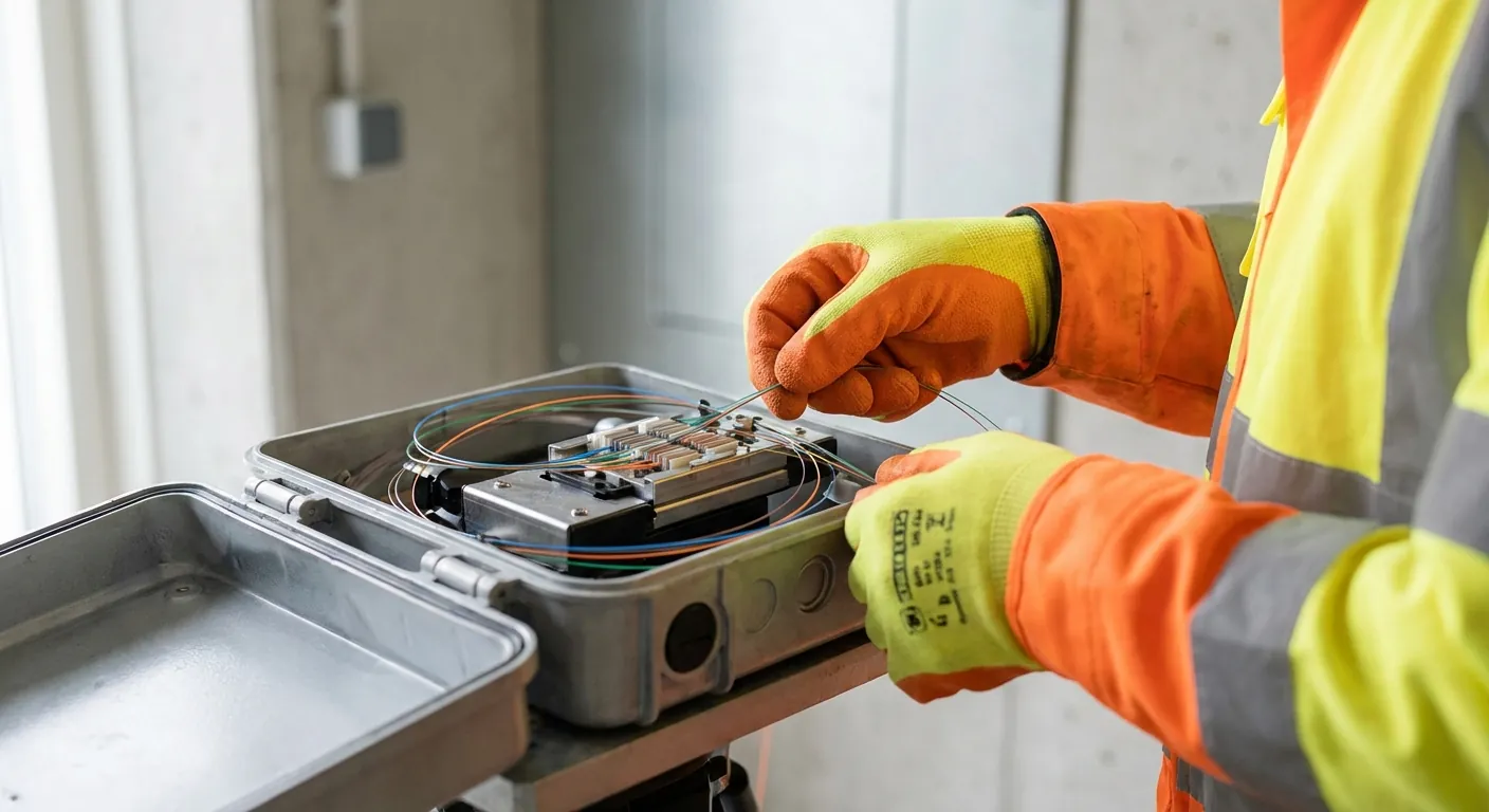 A technician in high-visibility clothing carefully splicing fiber optic cables inside a terminal box