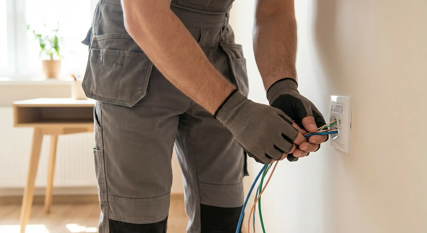A professional electrician in work clothes installing an ethernet wall socket