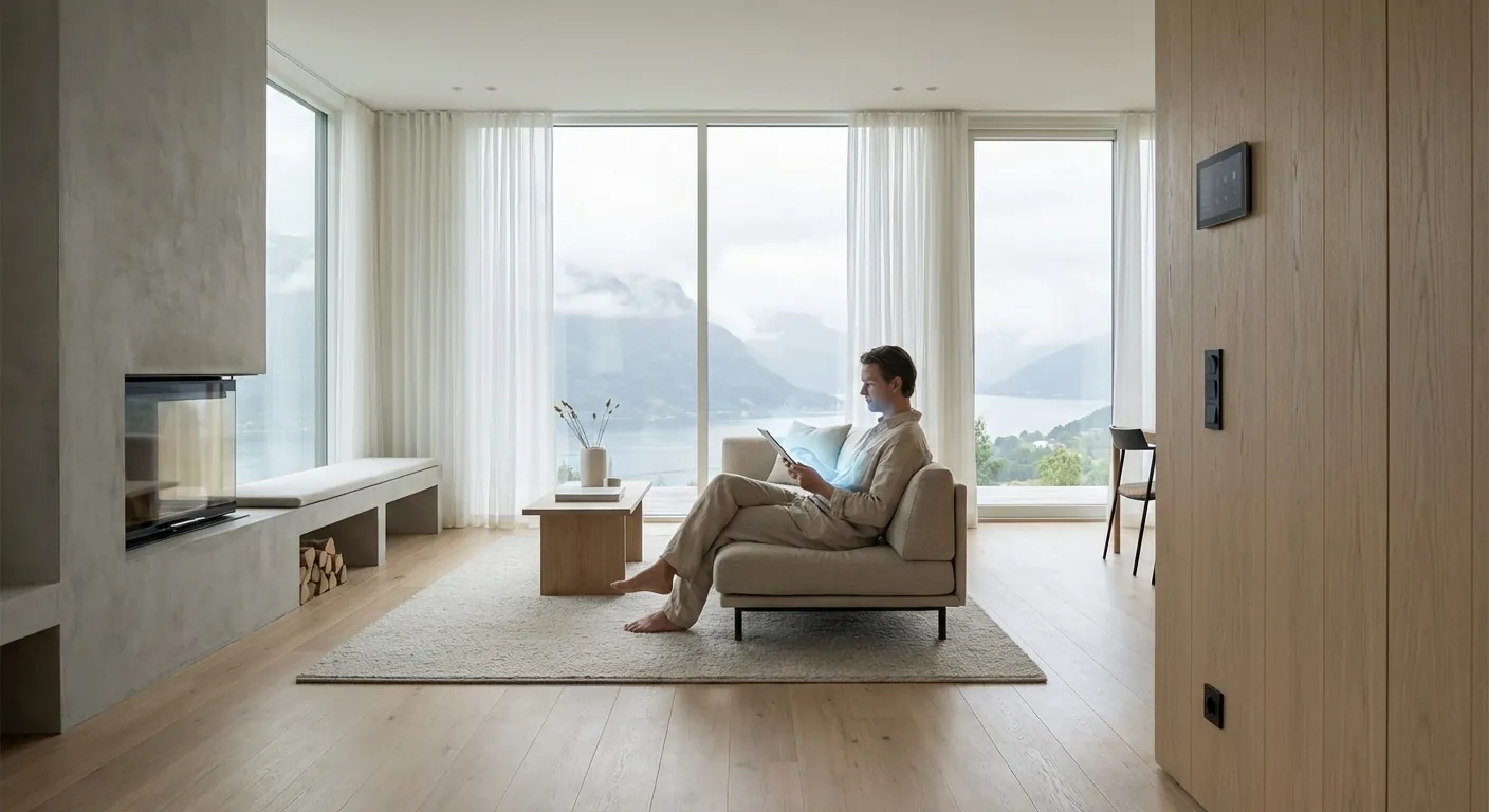 Ein huseigar som sjekkar straumforbruket sitt på ein tablett i ein moderne stoverom