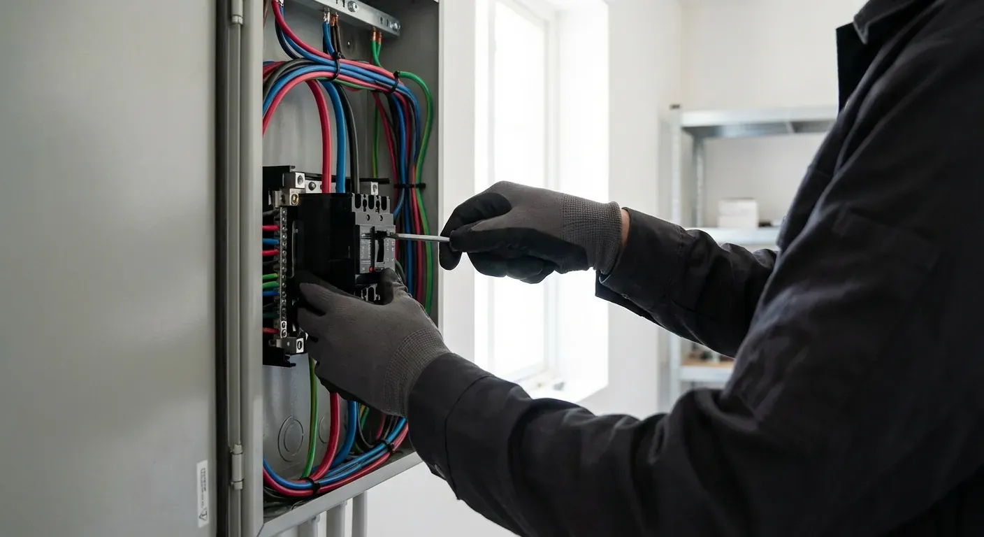 A close-up of a professional electrician in a Teltech uniform installing a circuit breaker in a modern electrical panel.