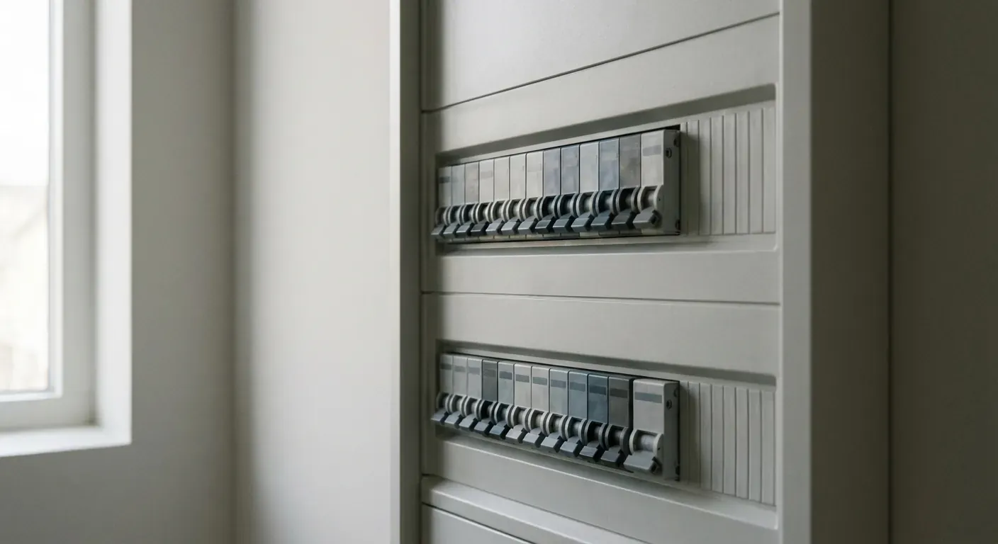 A close-up of a neatly labeled modern circuit breaker panel with digital meters and colorful switches