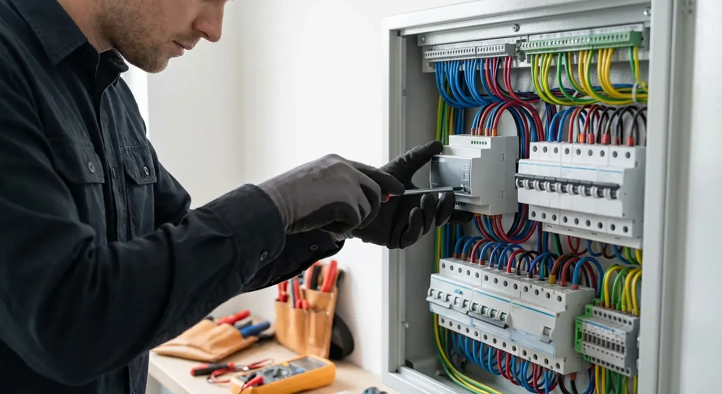Ein profesjonell elektrikar som monterer ein modul i eit ryddig sikringsskap