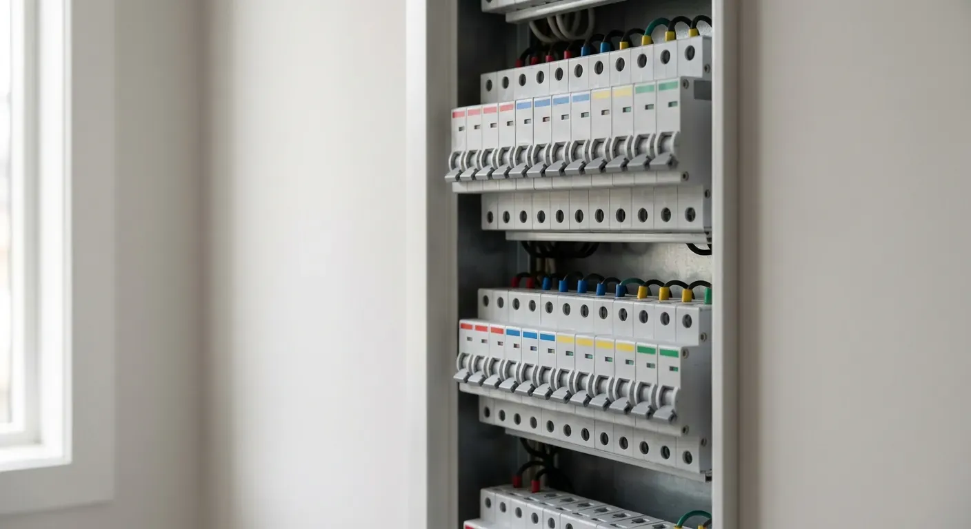 Nærbilete av eit moderne sikringsskap med tydeleg merka kurser og moderne automatsikringar