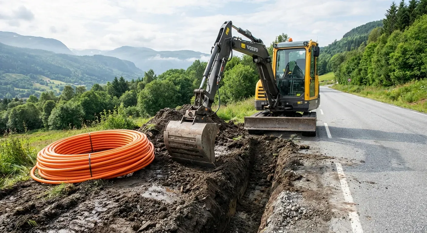 Ein gravemaskin som forsiktig grev ein smal grøft for fiberkabel langs ein veg på Voss