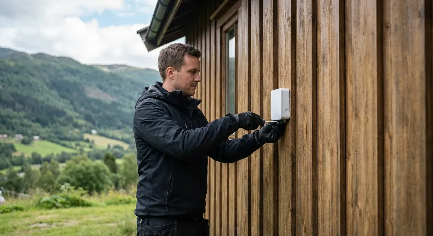 A professional technician in work clothes installing a small white fiber box on a wooden cabin wall