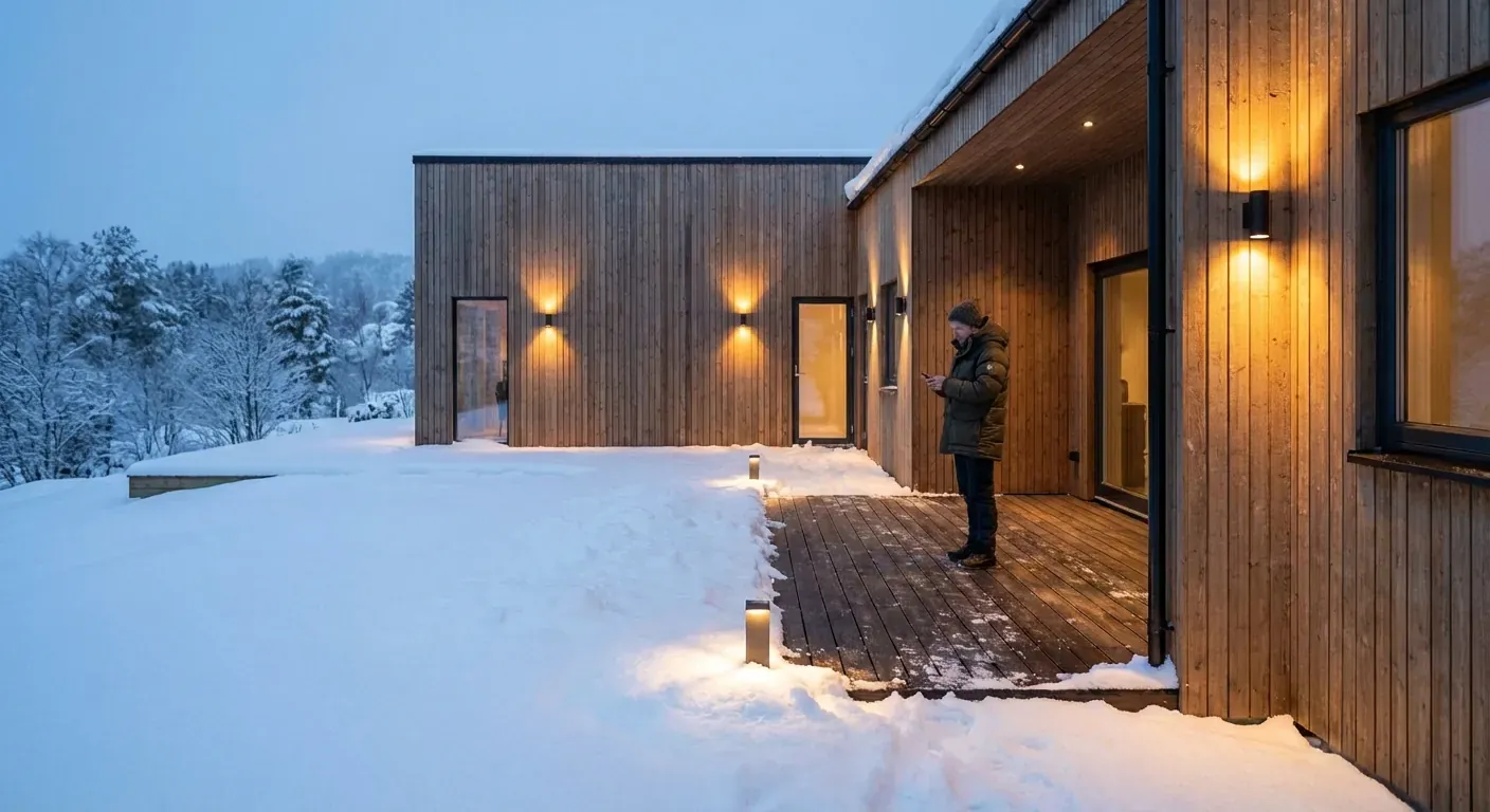 A homeowner using a smartphone app to adjust the brightness of outdoor lights in a snow-covered garden